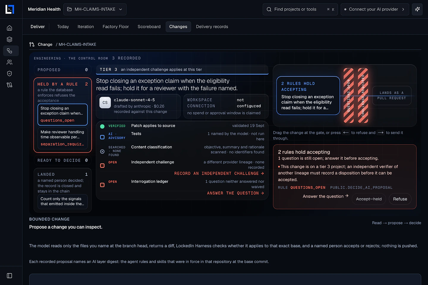 The engineering workbench in the Meridian Health demo workspace: a change held by two rules the database enforces, with its checks beside it. Synthetic data.